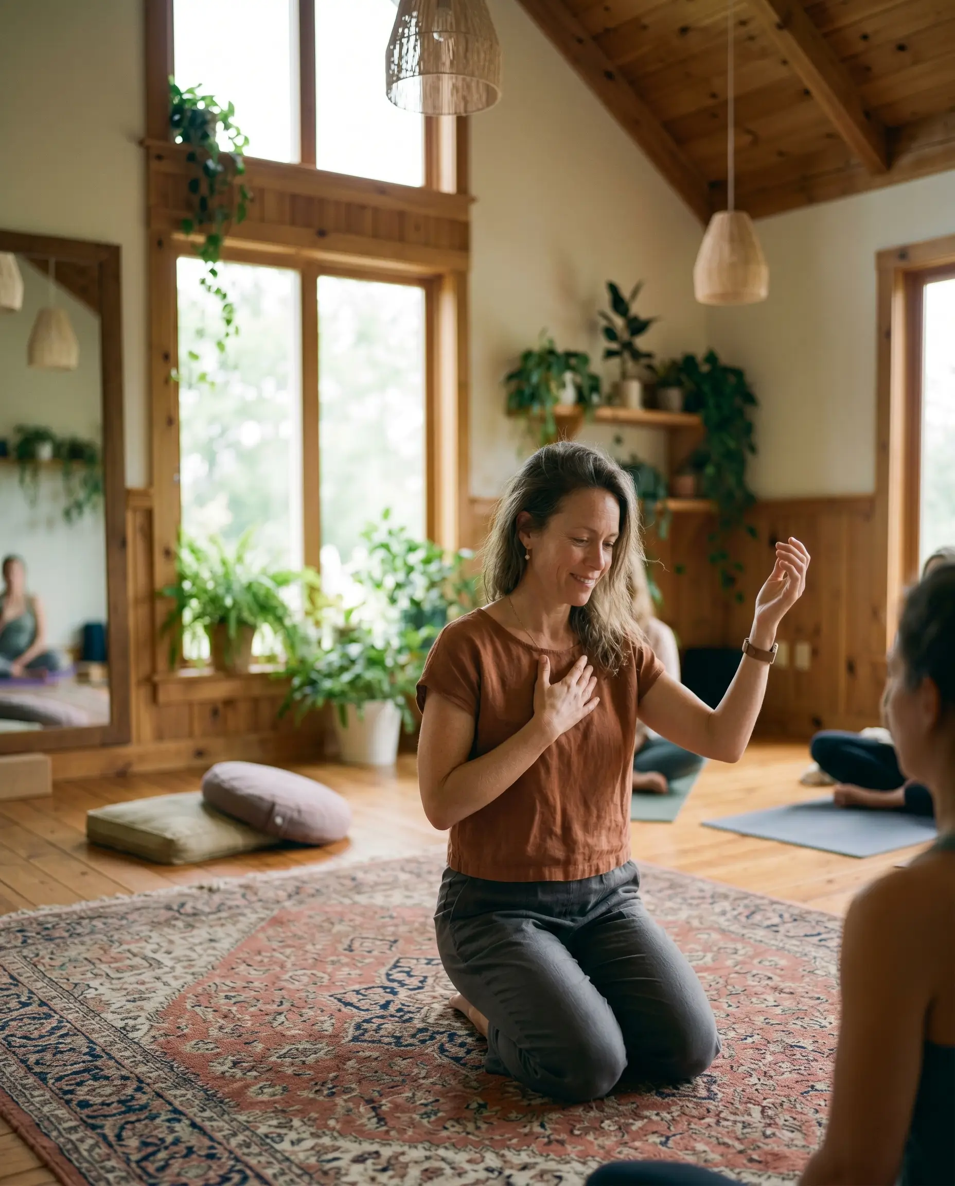 A teacher guiding a breathwork session in a sunlit studio